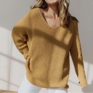 Jenni Kayne Cotton Cabin Knit Pullover Sweater Oversized Mustard Size XS